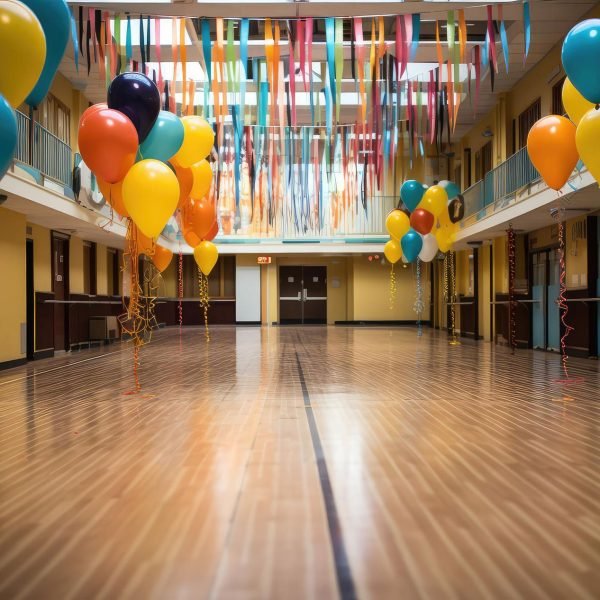 Sala amplia decorada con globos y cintas de colores para celebraciones y eventos en Gavà.